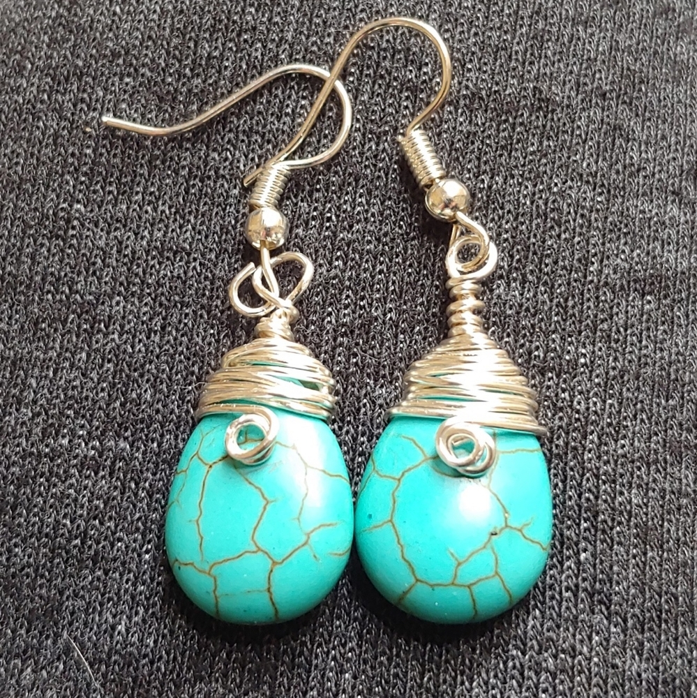 Silver & Turquoise Wire-Wrapped Handmade Earrings - Picture 2 of 2